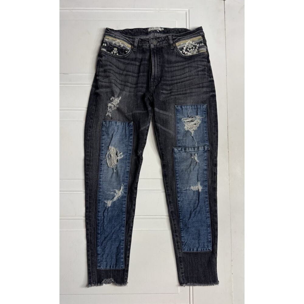 MM Vintage Jeans Womens 28 Black Blue Patchwork Embroidered Boyfriend Aztec